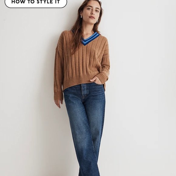 NWT Madewell Tipped V-Neck Oversized Sweater small brown heather caramel - Picture 3 of 6